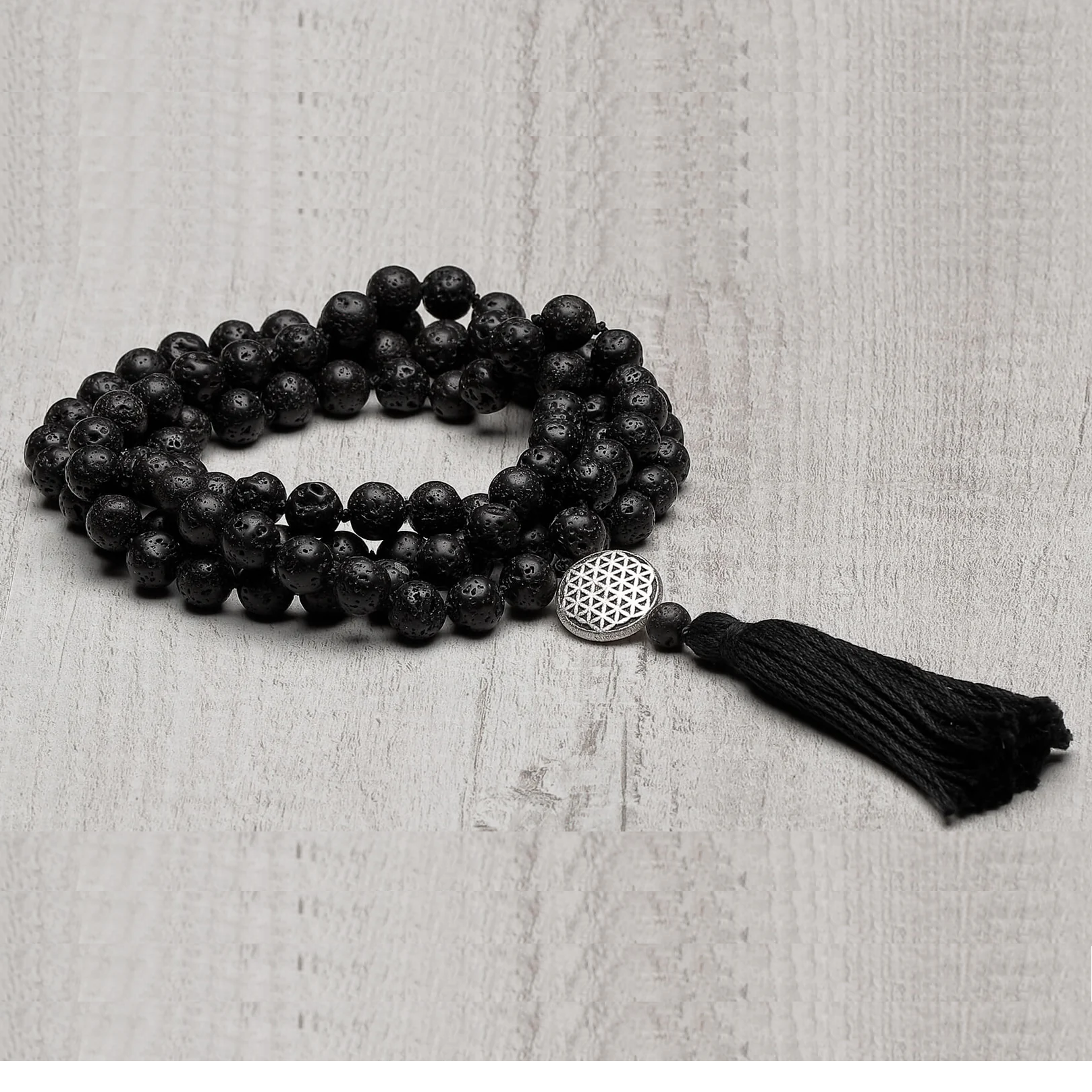 Mala Kette Blume des Lebens, Lavastein, Silber