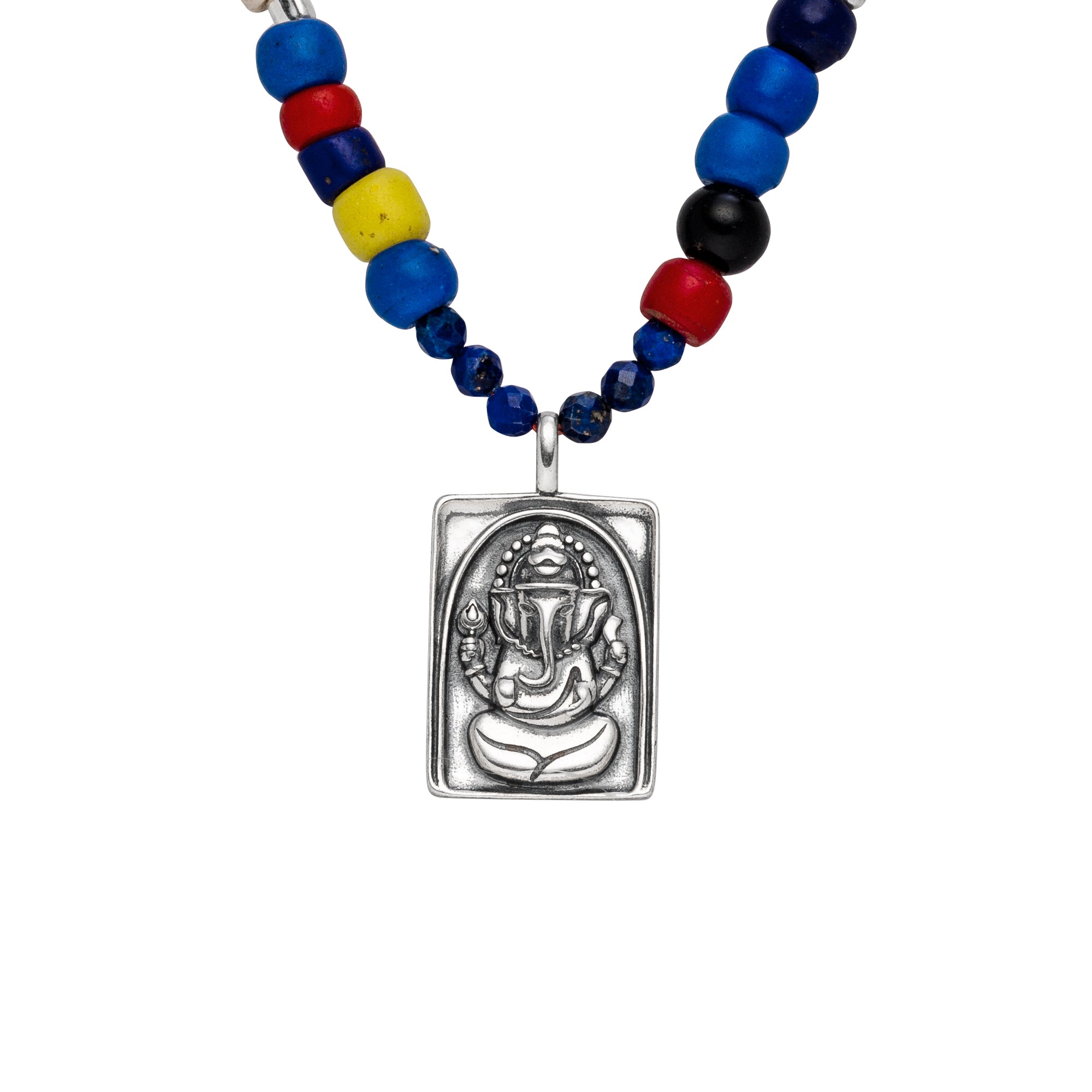Vintage Perlen-Halskette GANESHA, lang, Silber