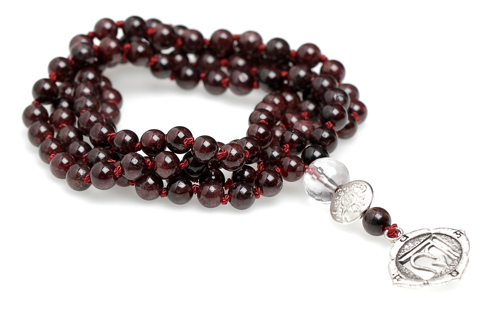 Chakra Mala Kette Granat, Silber