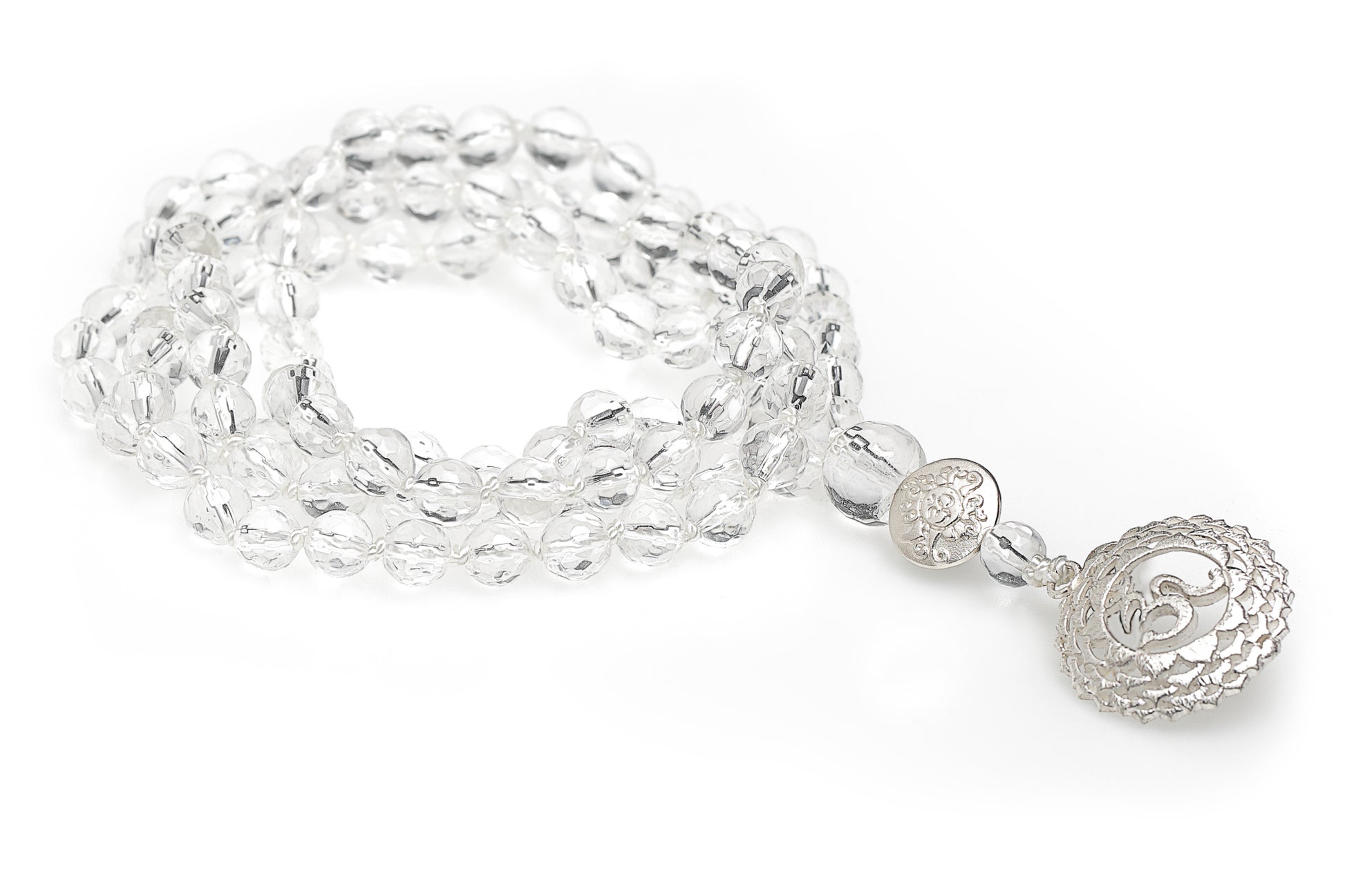 Chakra Mala Kette Bergkristall, Silber