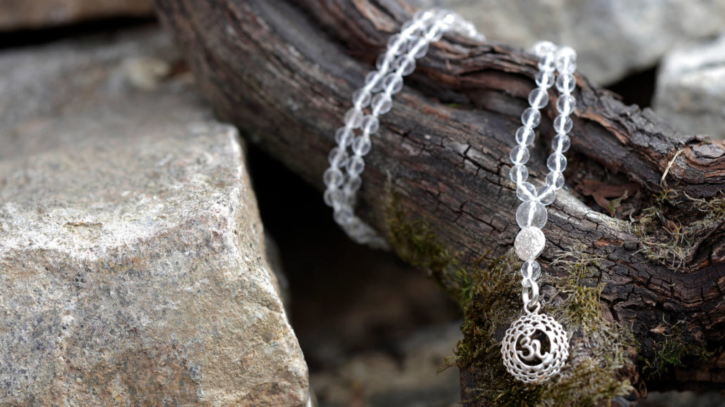 Chakra Mala Kette Bergkristall, Silber