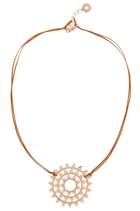 Yoga Halskette Wheel of Karma, veganes Leder+ Roségold