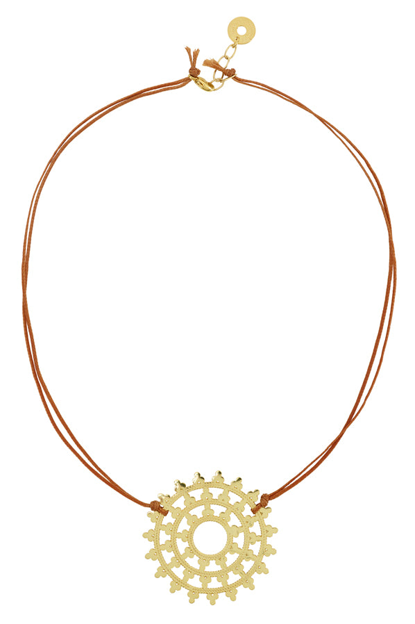Yoga Halskette Wheel of Karma, veganes Leder + Gold