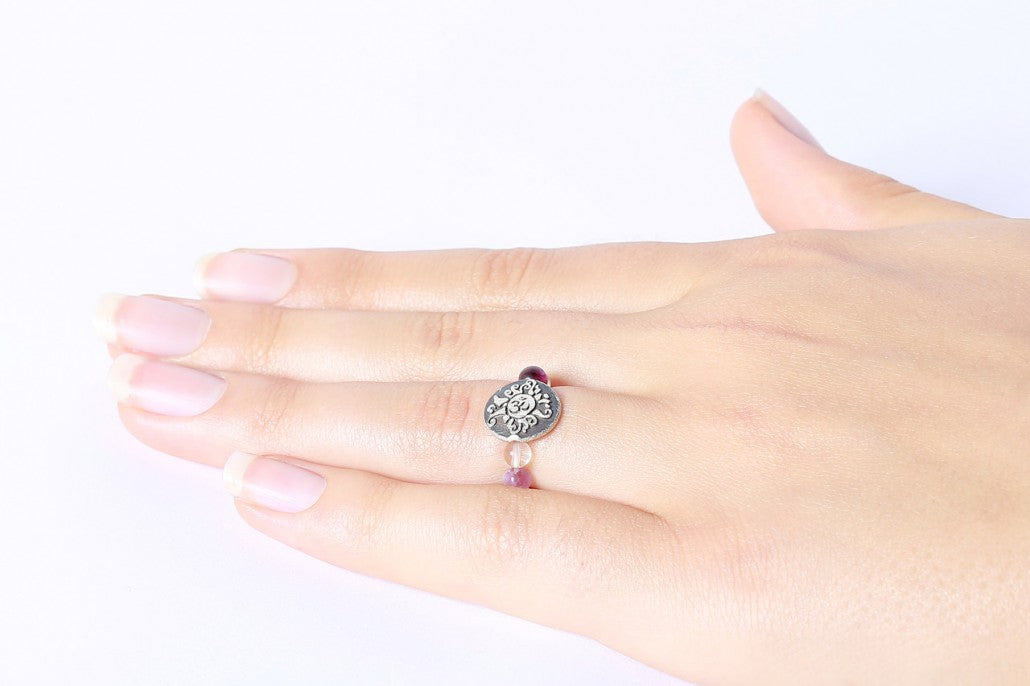 Ring OM, Mala-Perlen Fluorit + Silber