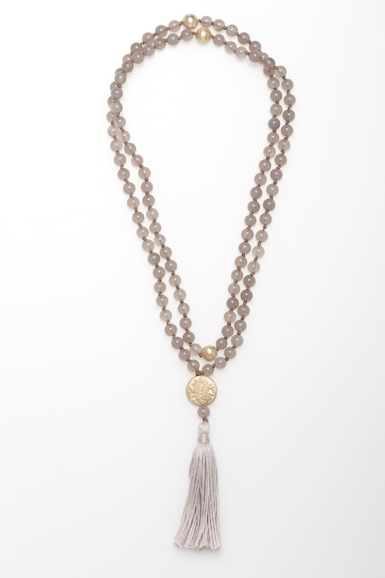 Mala Yoga Kette mit Quaste, Achat und Gold