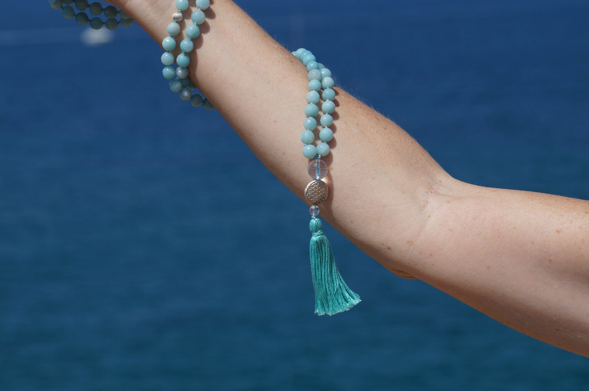 Mala Guru Kette, Amazonit mit Quaste