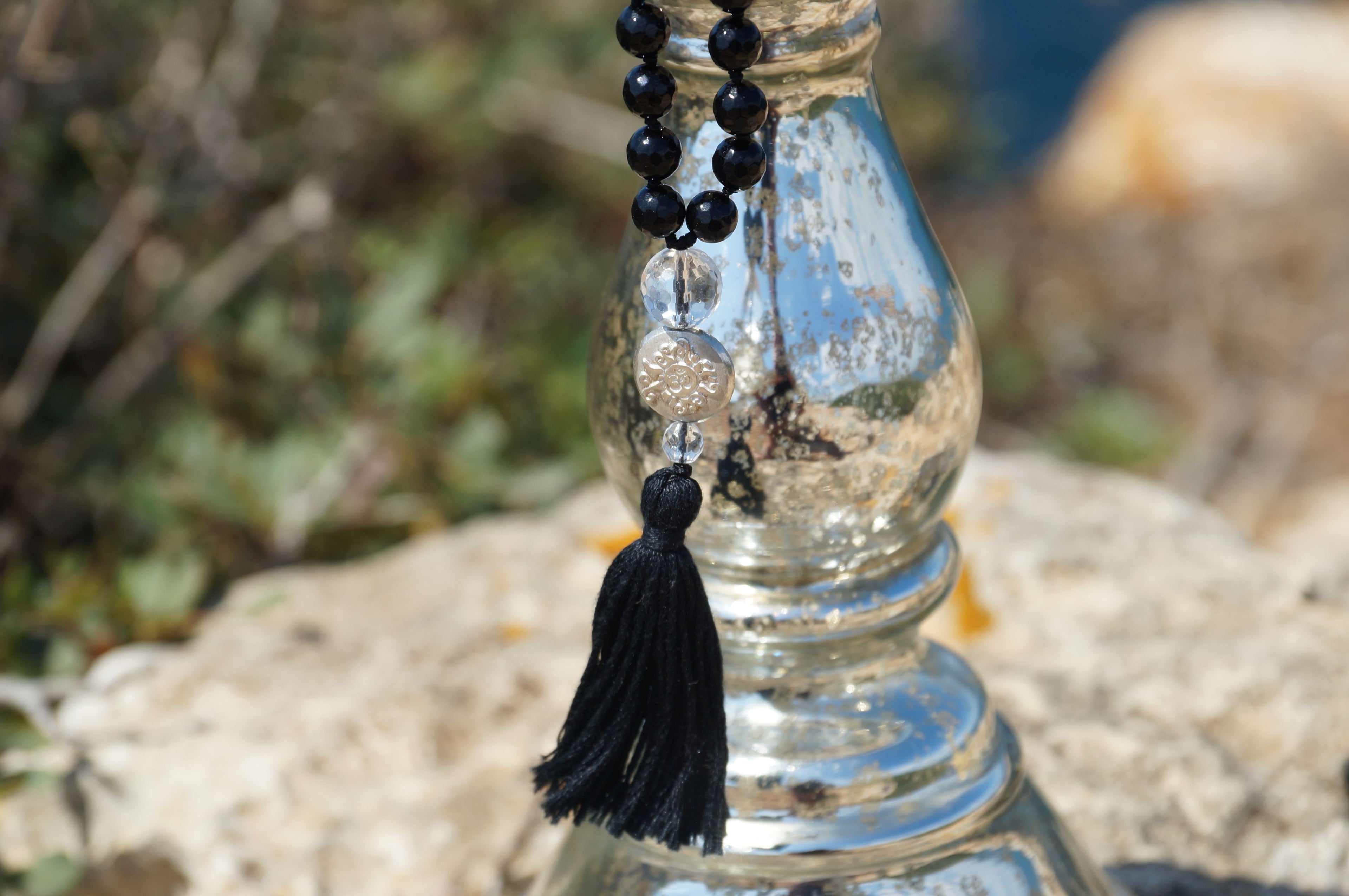 Mala Guru Kette, Onyx mit Quaste, 100 cm