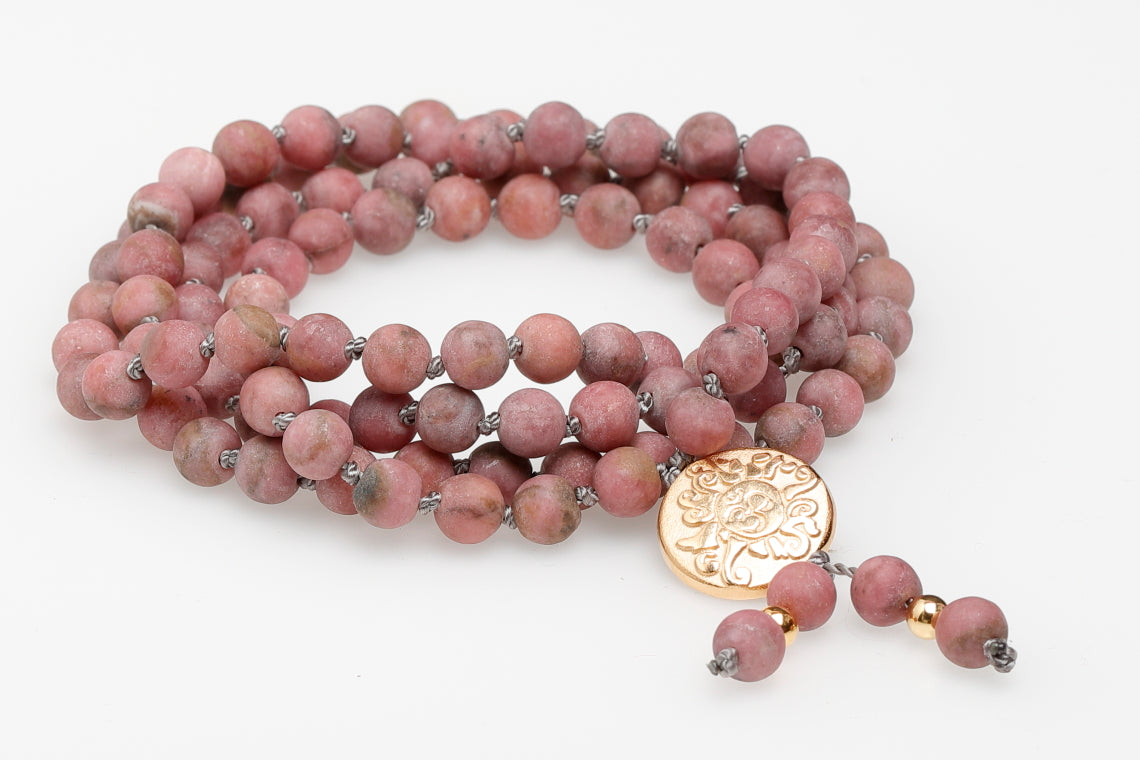 Mala Yoga Kette OM Rhodonit, Gold