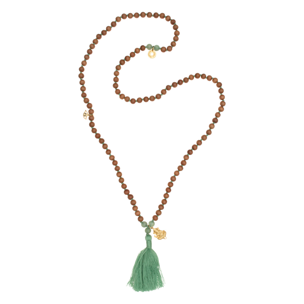 Mala Ganesha Halskette, Sandelholz, Aventurin + Gold