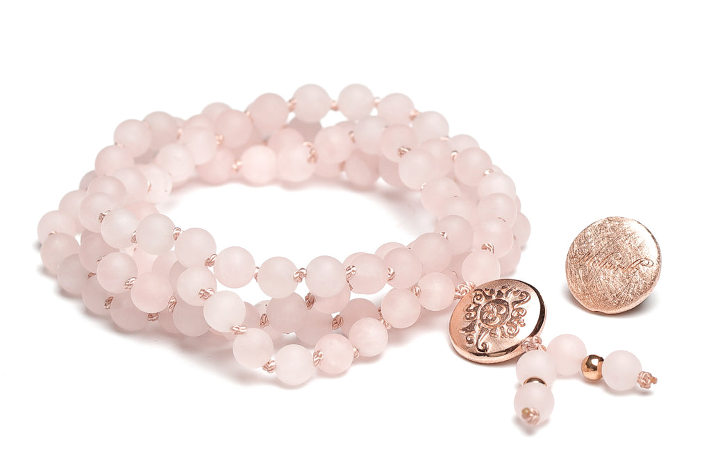 Mala Yoga Kette OM Rosenquarz+ Roségold