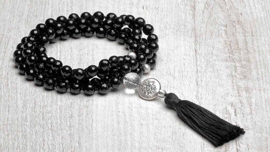 Mala Guru Kette, Onyx mit Quaste, 100 cm