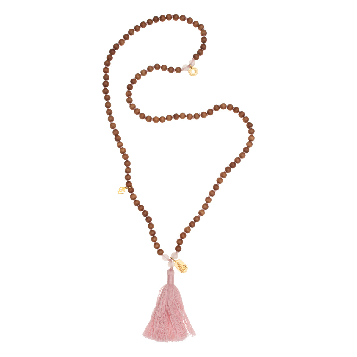 Mala Buddha Halskette, Sandelholz Rosenquarz + Gold