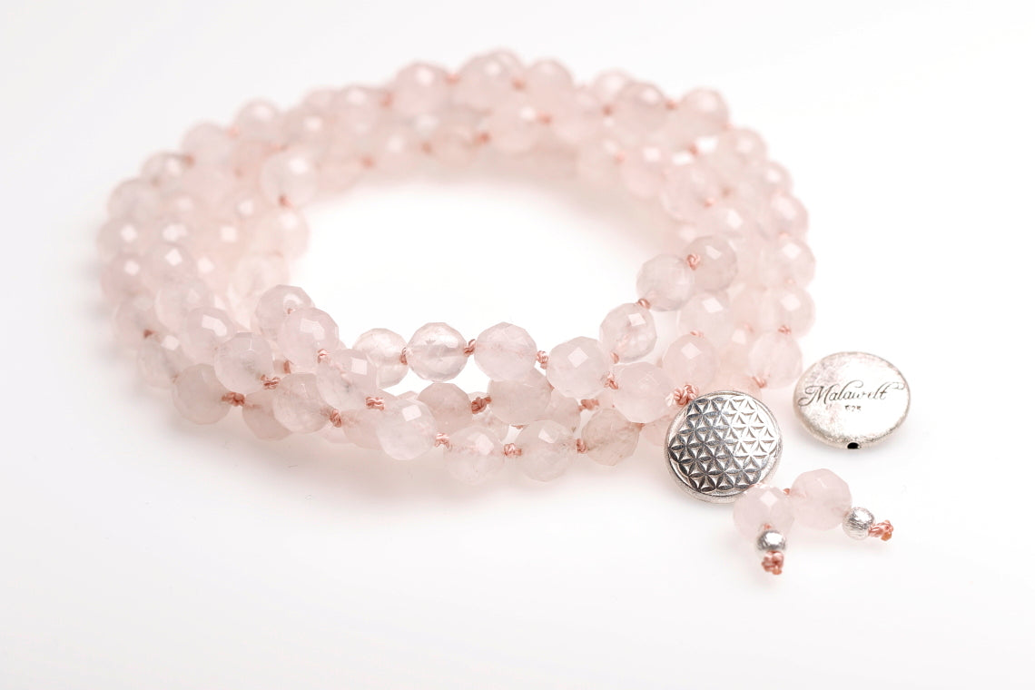 Mala Yoga Kette Blume des Lebens, Rosenquarz